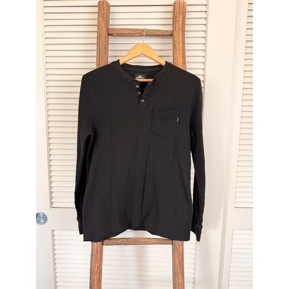 O'Neill Mens Black Henley Long Sleeve Waffle Knit‎ Shirt Casual